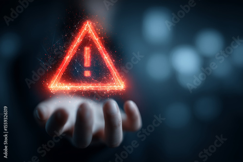 System warning alert: hand holding digital risk icon concept