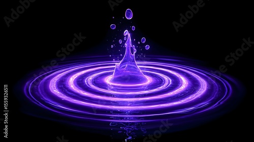 Purple liquid drop impact, ripple effect, dark background, abstract design