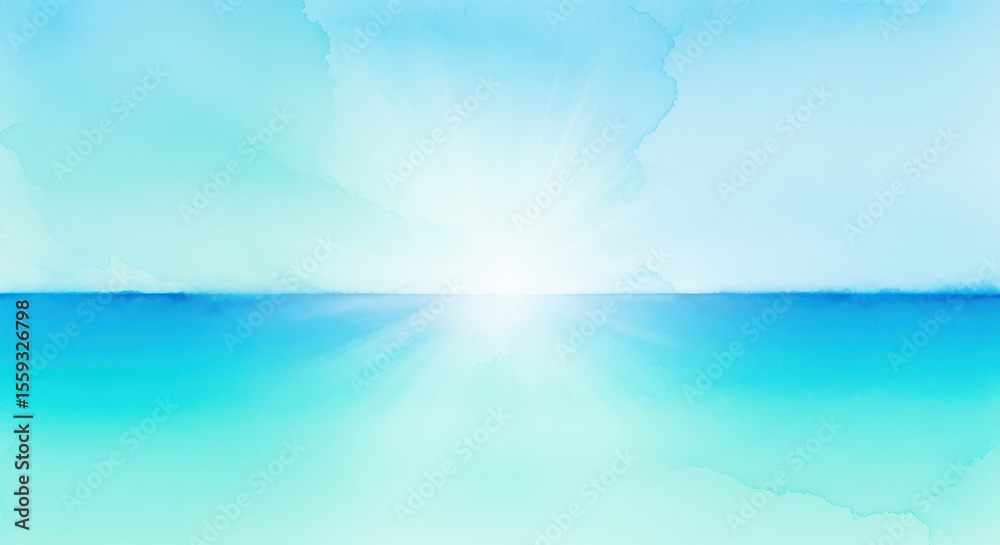 Obraz premium A serene watercolor painting depicts a bright sea and sky horizon in shades of blue