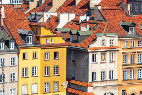 Cityscape - top view of the Old Town, the district of Srodmiescie in the historical center Warsaw, Poland