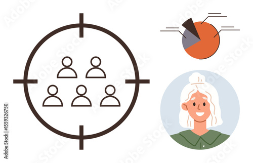 Group icon in crosshairs, individual profile illustration, and pie chart analytics. Ideal for marketing, targeting, audience segmentation, customer analysis, research, data simple flat metaphor