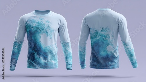 ocean wave graphic rash guard mockup, surf apparel and activewear branding presentations
