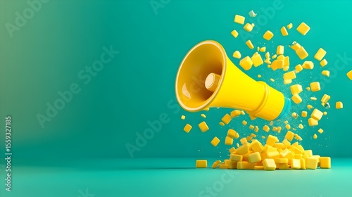 Yellow megaphone exploding cubes teal background announcement