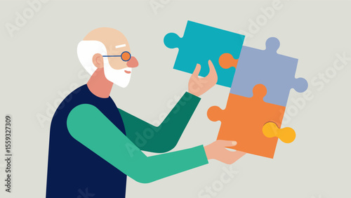 An older man is shown completing a puzzle that involves fitting different shaped pieces into a specific pattern. This measures visualspatial abilities and problemsolving skills. Vector illustration
