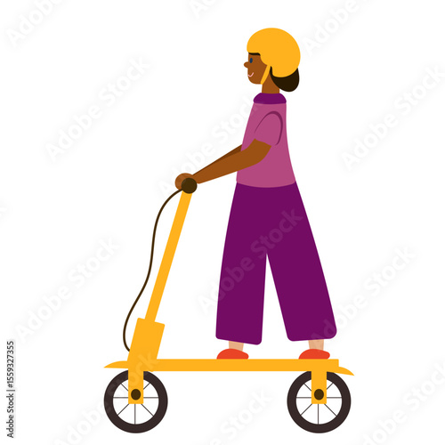 Girl is riding electric scooter. Cute girl on yellow scooter.