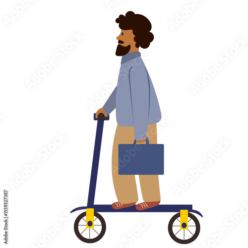 Male person riding electric scooter with bag in hand.