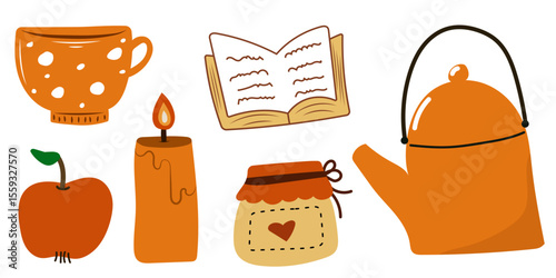 Autumn cozy elements set with book, candle, teapot, jar and mug.
