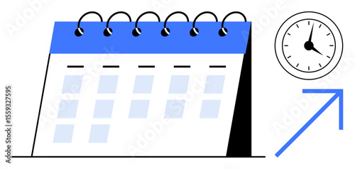Calendar with spiral binding, clock, and upward arrow emphasizing time management, planning, and productivity. Ideal for organization, deadline tracking, goal setting, efficiency business growth