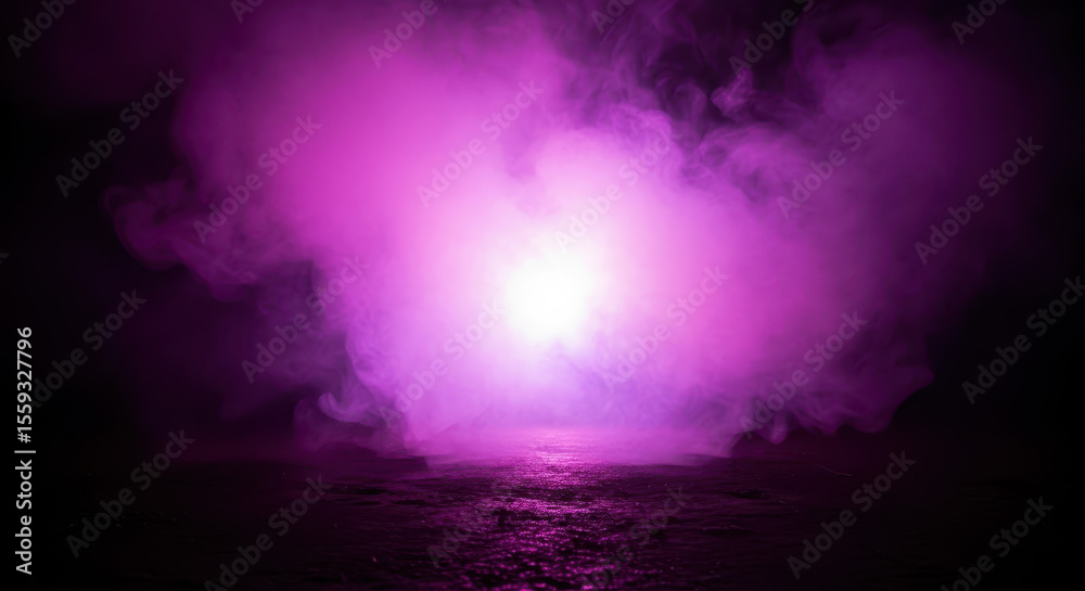 Fototapeta premium A vibrant purple smoke fills the dark space, creating an ethereal and mysterious atmosphere with a bright light source
