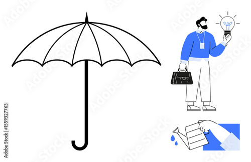 Umbrella representing security, protection for businessman with innovative ideas, hand watering financial growth. Ideal for business, innovation, risk management, finance, insurance, creativity