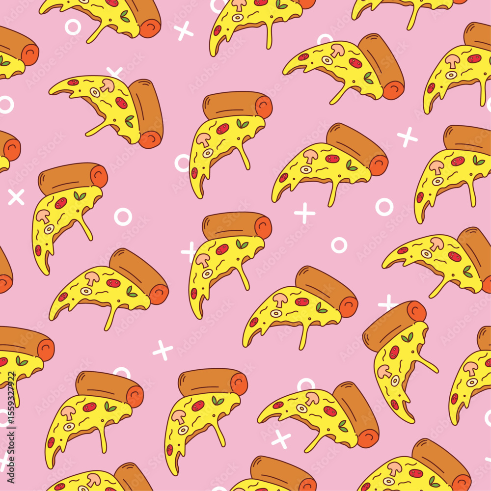 Obraz premium Colorful seamless vector pattern with pizza slices in cartoon stylisation. Pop art wallpaper. Trendy food background in flat doodle style