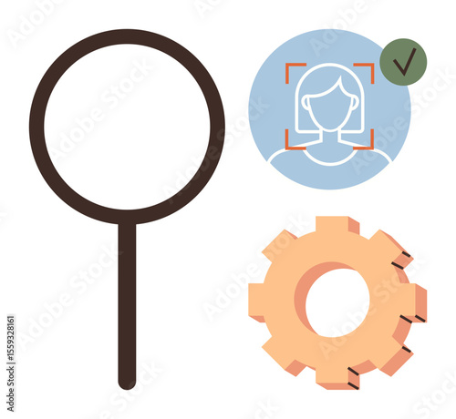 Magnifying glass, facial recognition icon, and gear symbolizing AI, identity verification, and technical process. Ideal for biometrics, cybersecurity, innovation, software analytics research