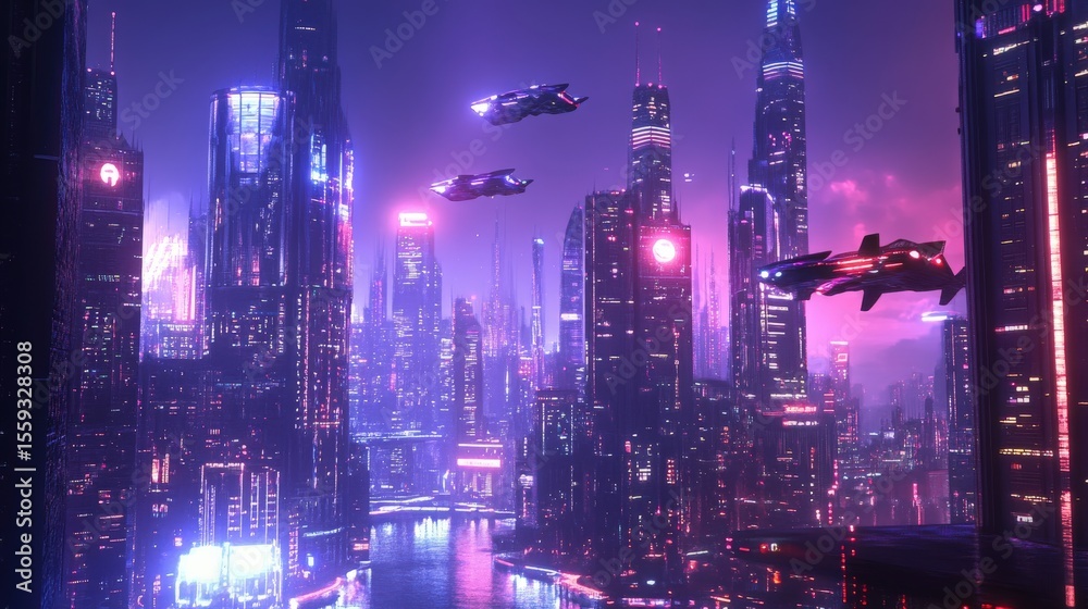 Obraz premium Futuristic city skyline featuring flying vehicles at dusk evening