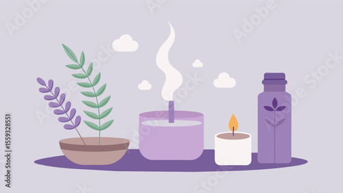 The fragrant aroma of lavender essential oil brings back memories of a relaxing spa day creating a sense of calm and reducing stress levels.. Vector illustration