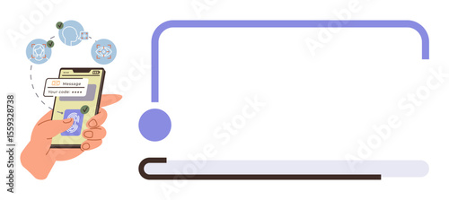 Hand holding smartphone displaying app with passcode, surrounded by security symbols. Ideal for cybersecurity, authentication, online security, technology, verification, password safety, encryption
