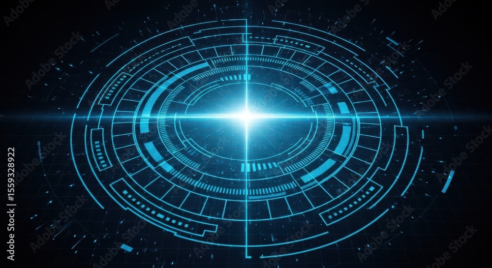Obraz premium A glowing blue circular technology design creates a futuristic abstract background with radiating light
