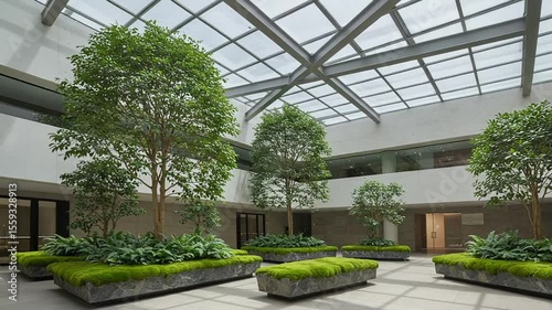 Modern atrium with greenery and natural light indoors