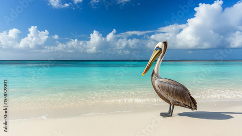 A pelican stands on a pristine Caribbean beach, surrounded by white sand and turquoise waters on Aruba island.