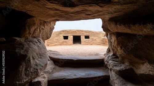 Stone Structure Interior View With Light Entering Through Opening Revealing Distant Building