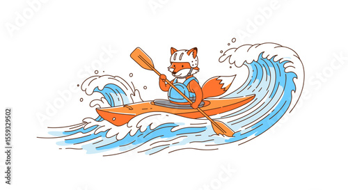 the cartoon kayaker character Adorable fox wearing helmet and life vest enjoys kayaking adventure. Fun illustration perfect for children's books, apparel designs, or summer vacation postcards.