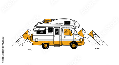 RV camper journey through scenic mountains. Simple illustration of campervan amidst picturesque mountain peaks. This rv campervan journey image is perfect for travel blogs and tourism advertising.