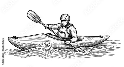 engraving style monochrome paddling kayak on water illustration. Kayak on river with whitewater rapids. Active kayaking scene perfect for adventure tourism brochures and websites.