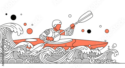Kayak athlete paddling through powerful waves.  Kayaking adventure depicts intense water sport action on rough sea. This dynamic image of extreme kayaking is perfect for sports publications,
