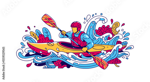Kayak ride in rough water. Kayaker paddling through waves, navigating turbulent currents. Exciting kayak adventure illustration perfect for travel brochures and sports magazines.