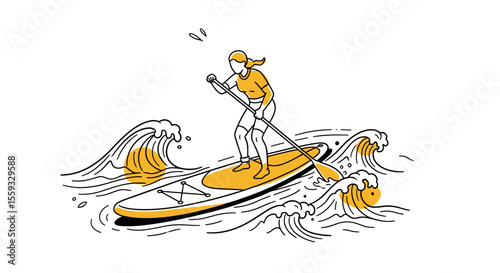 Woman paddle boarding on ocean waves.  Summer water sport activity illustration featuring person enjoying stand up paddle boarding. line art illustration of a female paddleboarder