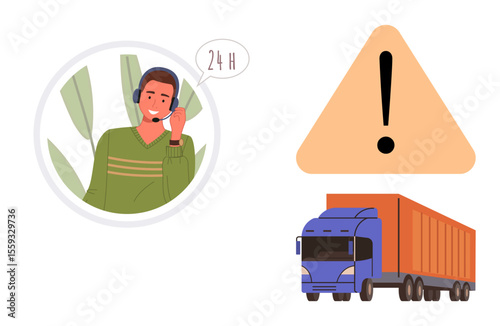 Male operator with headset and 24-hour support speech bubble, warning sign, and cargo truck. Ideal for logistics, transportation safety, customer support, shipping services, freight management