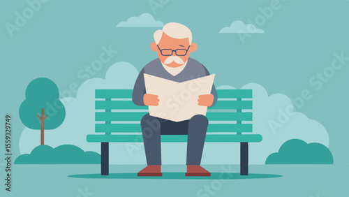 An elderly man sitting on a park bench holding a newspaper upside down as he tries to remember how to read lost in thought.. Vector illustration