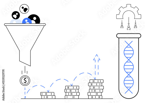 Funnel filtering users, coins representing revenue, stack growth, and test tube with DNA connected to automation. Ideal for innovation, analytics, tech business, revenue, research biotechnology