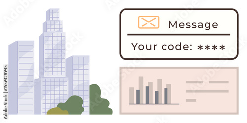 Urban skyscrapers with greenery, secure code message, and data analytics dashboard. Ideal for security, communication, technology, finance, analytics urban planning modern business. Simple flat