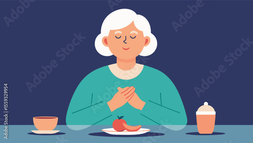 An elderly woman sits at her kitchen table eyes closed and hands resting on her chest as she practices mindful eating. With each bite she focuses on the taste texture and smell of. Vector illustration