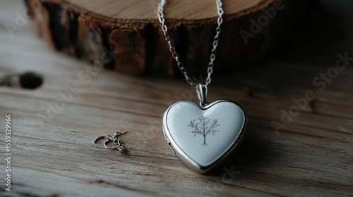 Heart-Shaped Silver Pendant Necklace with Tree Design and Small Charm on Wooden Surface