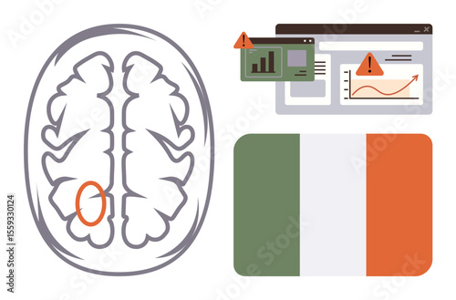 Brain with marked area indicating concern, analytical data with alert icons on digital screens, and Irish flag. Ideal for healthcare, neurology, medical research, data analysis, diagnostics