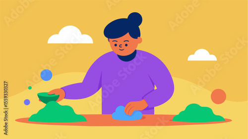 Playing with kinetic sand a moldable and mesmerizing sensory experience.. Vector illustration