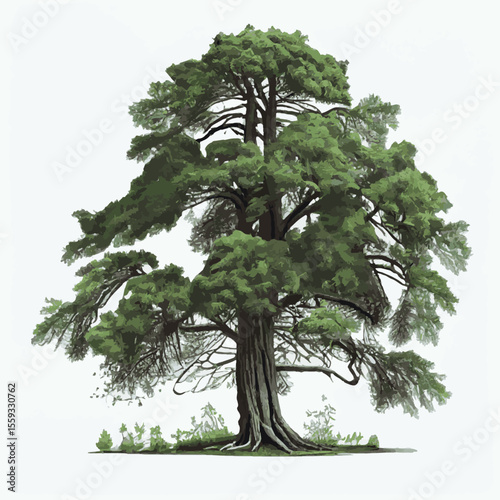Realistic green tallest tree in the world sequoia on a white background - Vector illustration