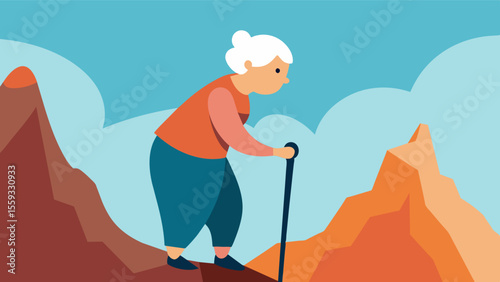 An elderly woman with a determined expression leans on her walking stick as she navigates steep and rocky terrain her hand tightly gripping the carved handle for support and. Vector illustration