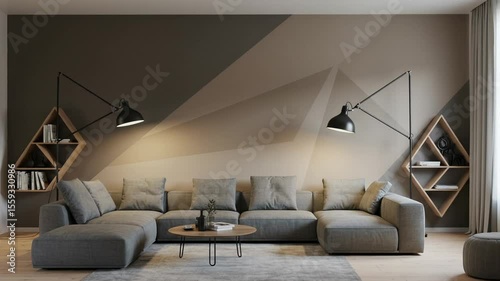 Modern living room with geometric wall design and decor