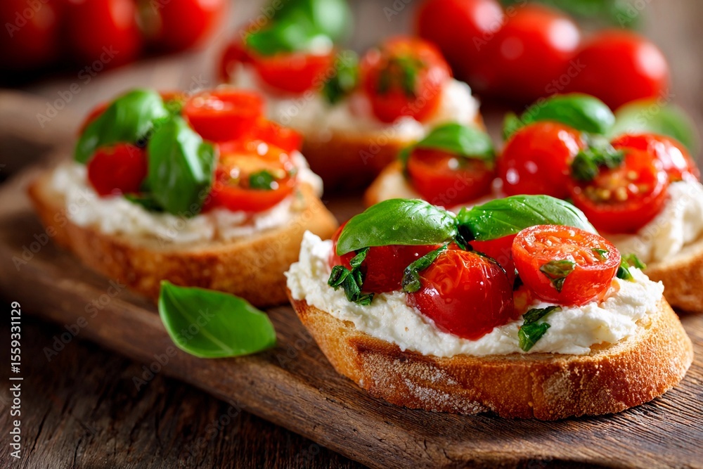 Bruschetta topped with creamy cheese, vibrant cherry tomatoes, and fragrant basil leaves sits on a rustic wooden board, ready to enjoy as an appetizer or snack Bruschetta topped with creamy cheese, vibrant cherry tomatoes, and fragrant basil leaves sits on a rustic wooden board, ready to enjoy as an appetizer or snack