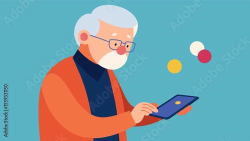 An elderly man playing a handeye coordination game on his tablet keeping his motor skills sharp and preventing decline.. Vector illustration