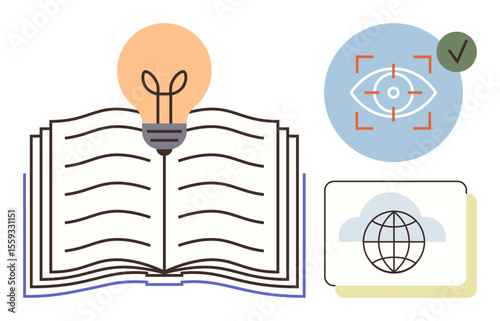 Open book with light bulb representing ideas, eye focus highlighting vision, global icon suggesting connectivity. Ideal for education, research, creativity, innovation, study, insight discovery