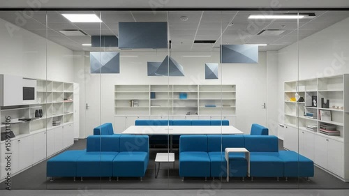 Modern office meeting room with blue furniture and shelves