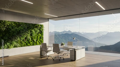 Modern office with mountain views and greenery inside