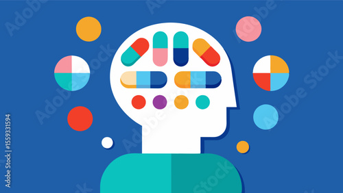 An abstract illustration of a persons head with different colored pills representing different types of medication swirling around. In the center a weekly pill organizer acts as. Vector illustration