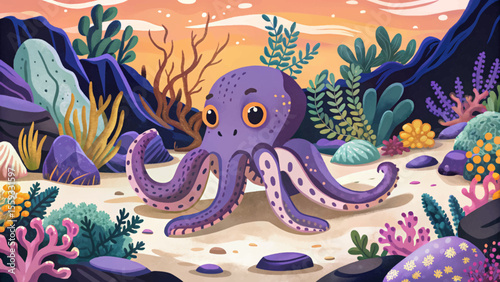 octopus camouflaged among colorful coral and rocks underwater cartoon vector, blending naturally with marine textures in a vibrant ocean habitat background