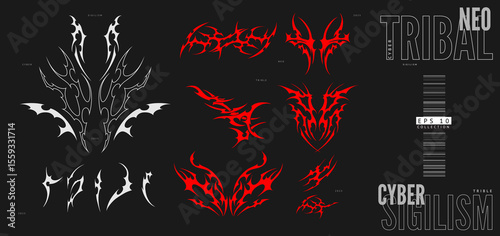 Neo tribal green elements collection vector set, cyber sigilism abstract symmetry ornament swirl demon wings sharp shape