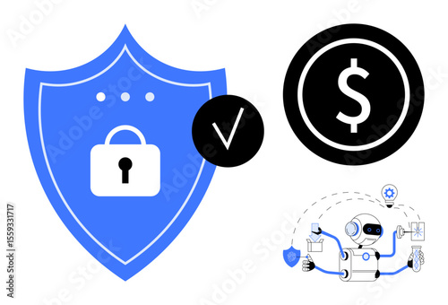 Shield with padlock, verified checkmark, money icon, and AI robot automating processes. Ideal for cybersecurity, AI, finance, payment security automation fintech data protection. Simple flat