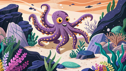 octopus camouflaged among colorful coral and rocks underwater cartoon vector, blending naturally with marine textures in a vibrant ocean habitat background